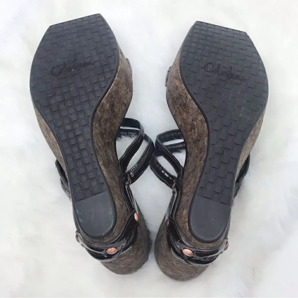 Cole Haan Brown  Medallion Keyhole Strappy Chunky Cork Wedge Retro Sandals